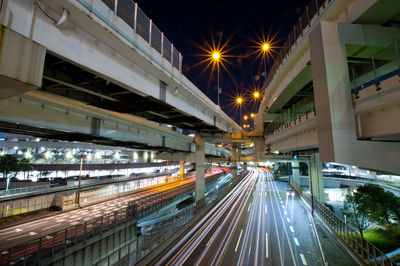 High angle view of light trails at night