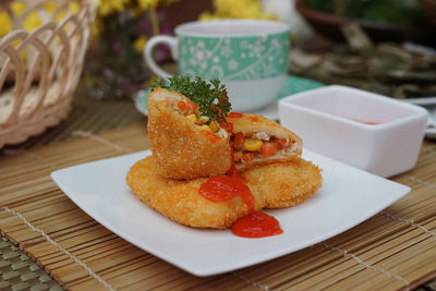 Close-up of dessert in plate on table