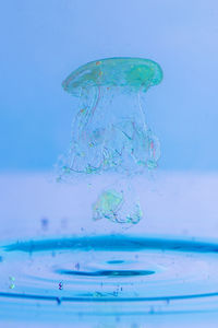 Close-up of water splashing on table against blue background