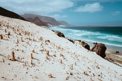 Scenic view of mountains and sea against cloudy sky