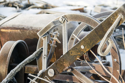 Close-up of frozen metallic machinery during winter