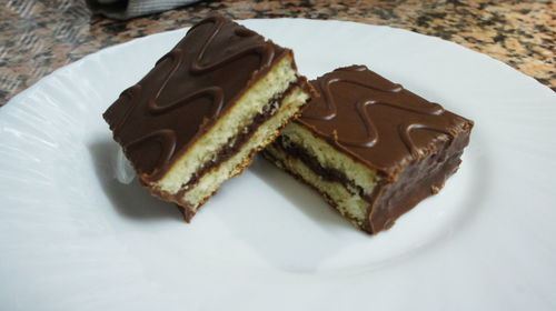 High angle view of chocolate cake in plate