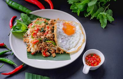 High angle view of meal served on table