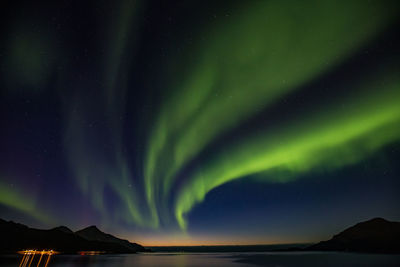 Low angle view of aurora polaris against sky at night