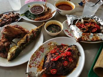 High angle view of meal served on table