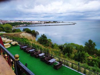 High angle view of sea and trees against sky