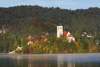 Scenic view of lake by buildings against sky