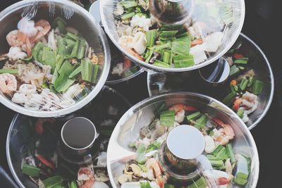 High angle view of food served on table