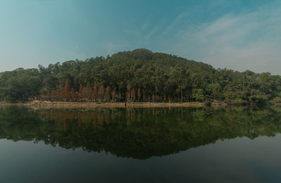 Scenic view of lake by trees against sky