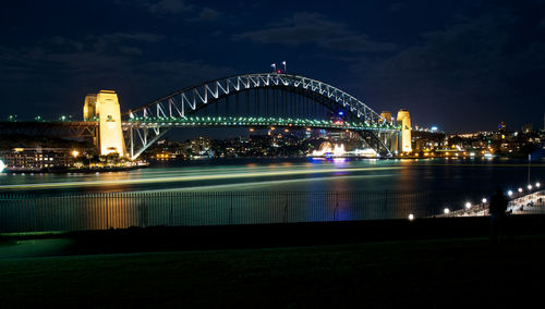 Sydney harbor bridge against sky in city at night