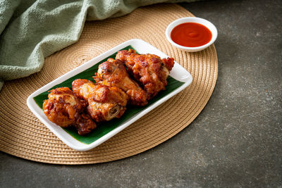 High angle view of food in plate on table