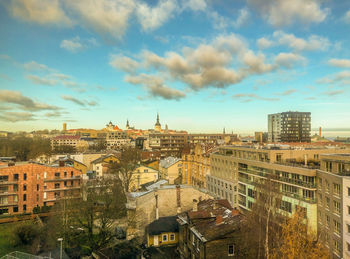 High angle view of buildings against sky