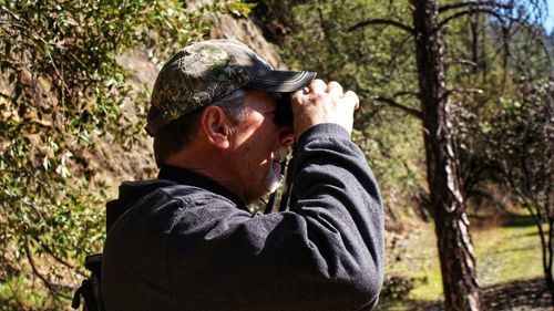 Portrait of man holding camera in forest