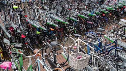 High angle view of bicycles in parking lot