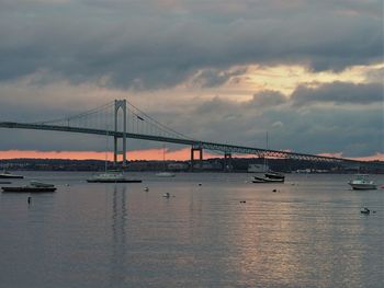 View of suspension bridge against cloudy sky