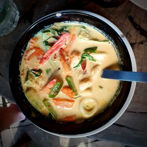 High angle view of soup in bowl