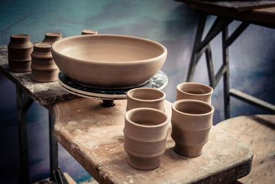 High angle view of tea cup on table