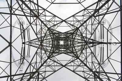 Directly below shot of silhouette electricity pylon against sky