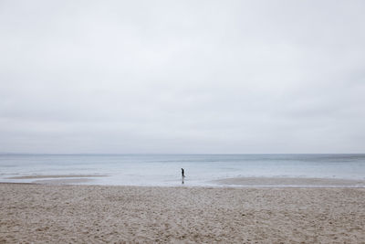 Rear view of woman walking at beach against sky