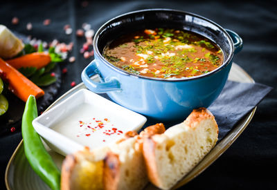 High angle view of soup in bowl on table