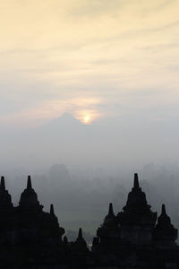 Silhouette borobudur temple with the mysteries forest surrounding during sunrise, yogyakarta