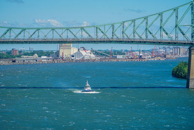 Sailboat on bridge over river against sky