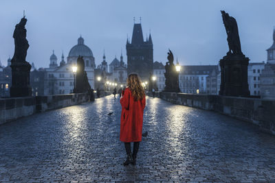 Rear view of woman standing on illuminated building