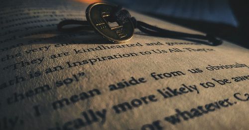 High angle view of text on book