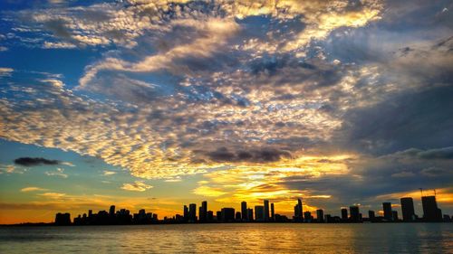 City skyline at sunset