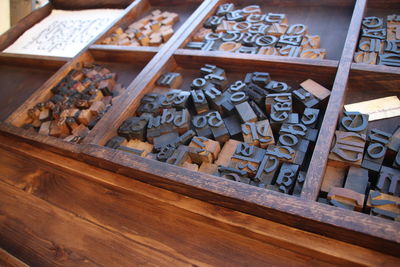 High angle view of text on shelf