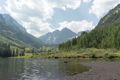 Scenic view of lake and mountains against sky