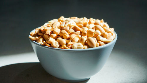 High angle view of eggs in bowl on table