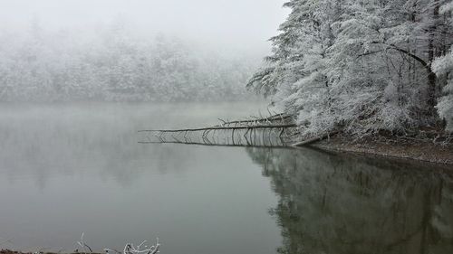 View of lake in foggy weather