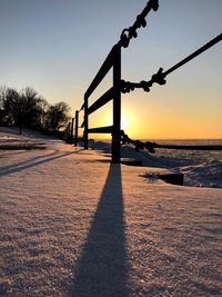 Silhouette trees on snow covered land against clear sky during sunset