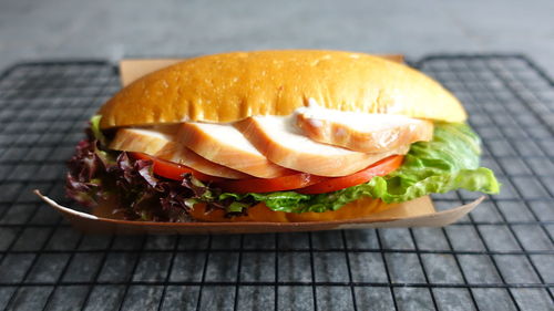 Close-up of burger on table