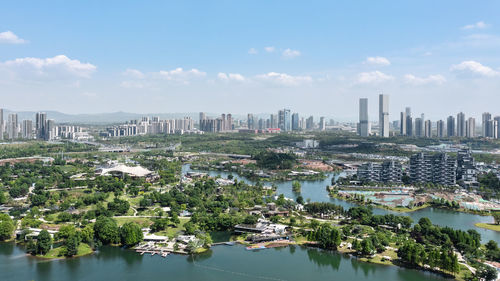 High angle view of buildings in city