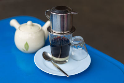 High angle view of coffee on table