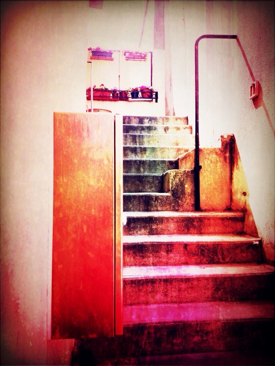 architecture, built structure, red, steps, transfer print, auto post production filter, building exterior, low angle view, steps and staircases, wall - building feature, staircase, text, indoors, no people, western script, wall, brick wall, communication, day, vignette