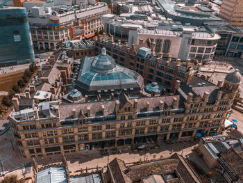 Aerial drone shot of the corn exchange building in manchester