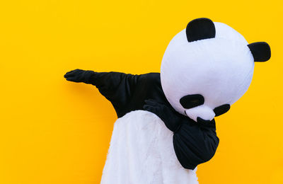 Close-up of panda gesturing against yellow background