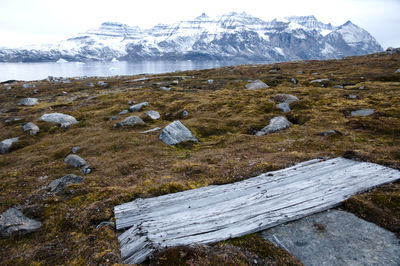 Scenic view of lake by mountains against sky