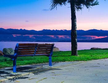 Empty bench by tree against sky