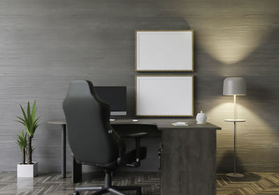 3d rendering mockup home interior work desk with decor elements. wooden frame.