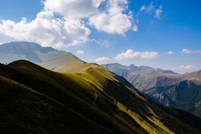 Scenic view of mountains against sky in montefortino, marche italy