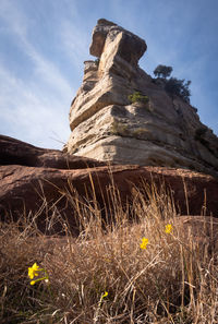 Low angle view of rock formations against sky