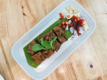 High angle view of food in plate on table