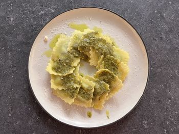 High angle view of ravioli food in plate on table