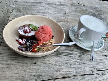 High angle view of dessert in bowl on table