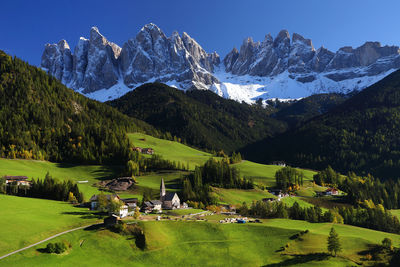 Scenic view of trees and mountains against clear sky