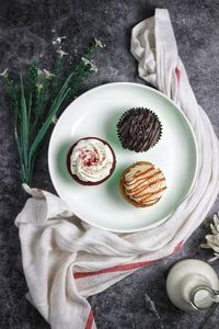 High angle view of dessert on table